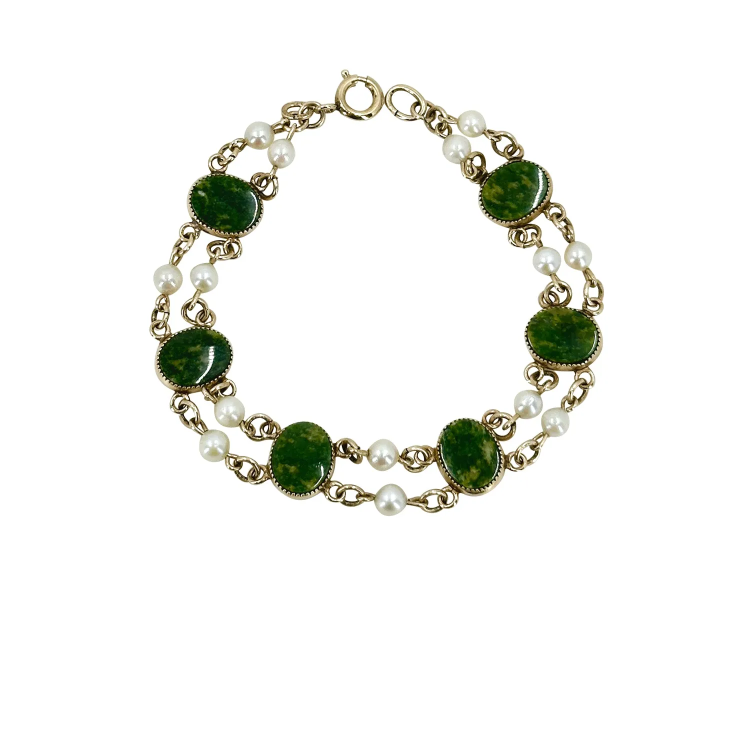 Nephrite Jade Double Strand Vintage Akoya Saltwater Cultured Pearl Double Strand Bracelet- Yellow Gold Filled