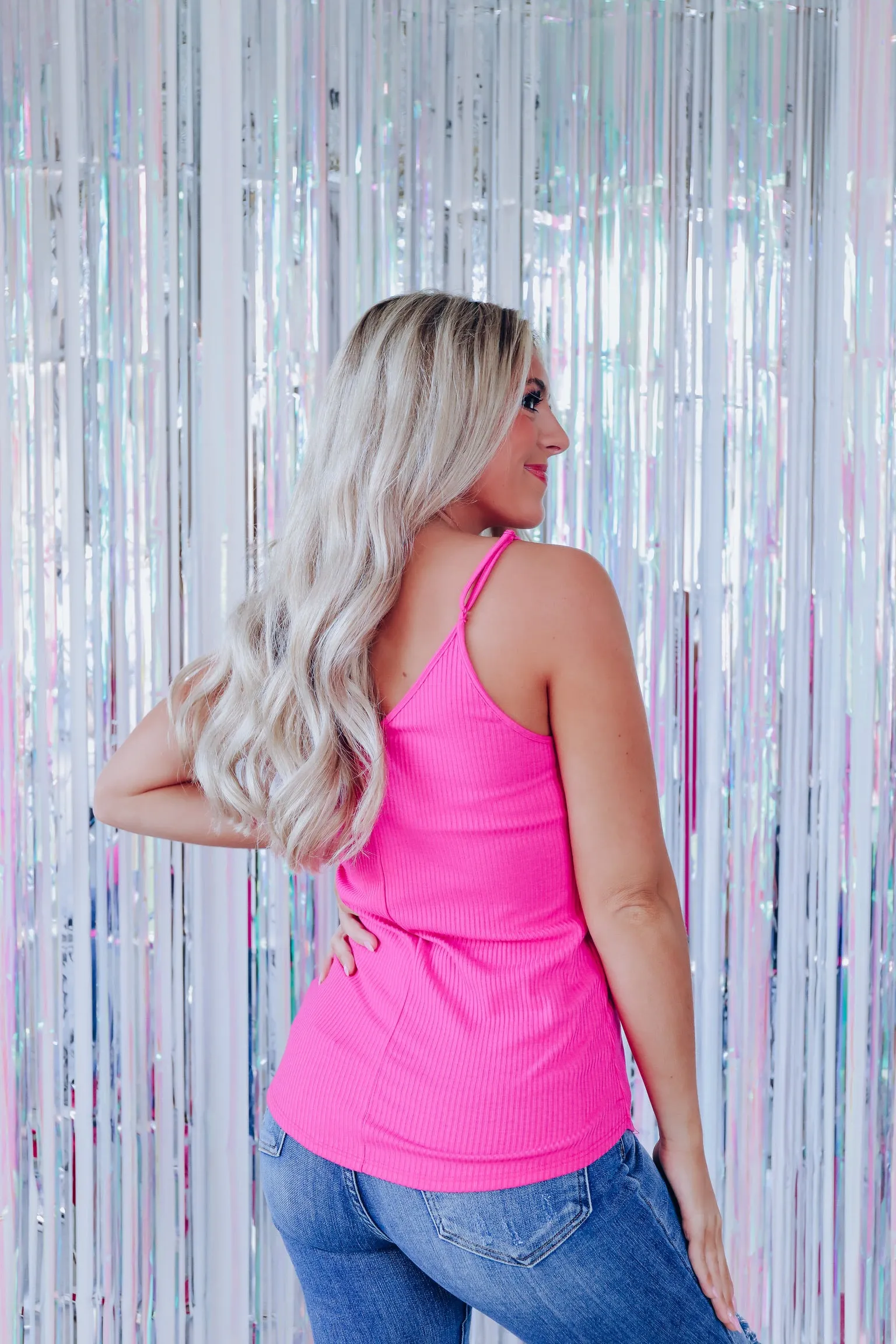 Never Basic Snap Front Ribbed Tank - Hot Pink