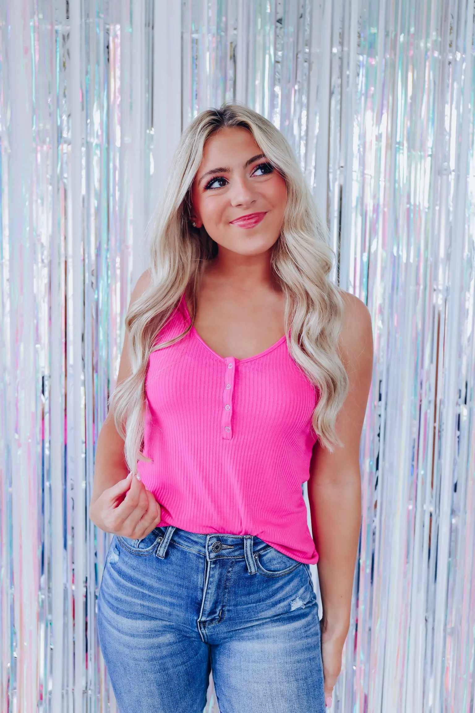 Never Basic Snap Front Ribbed Tank - Hot Pink
