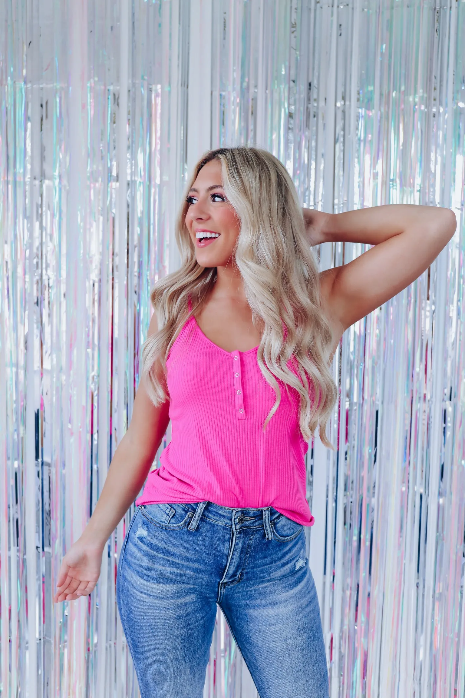 Never Basic Snap Front Ribbed Tank - Hot Pink