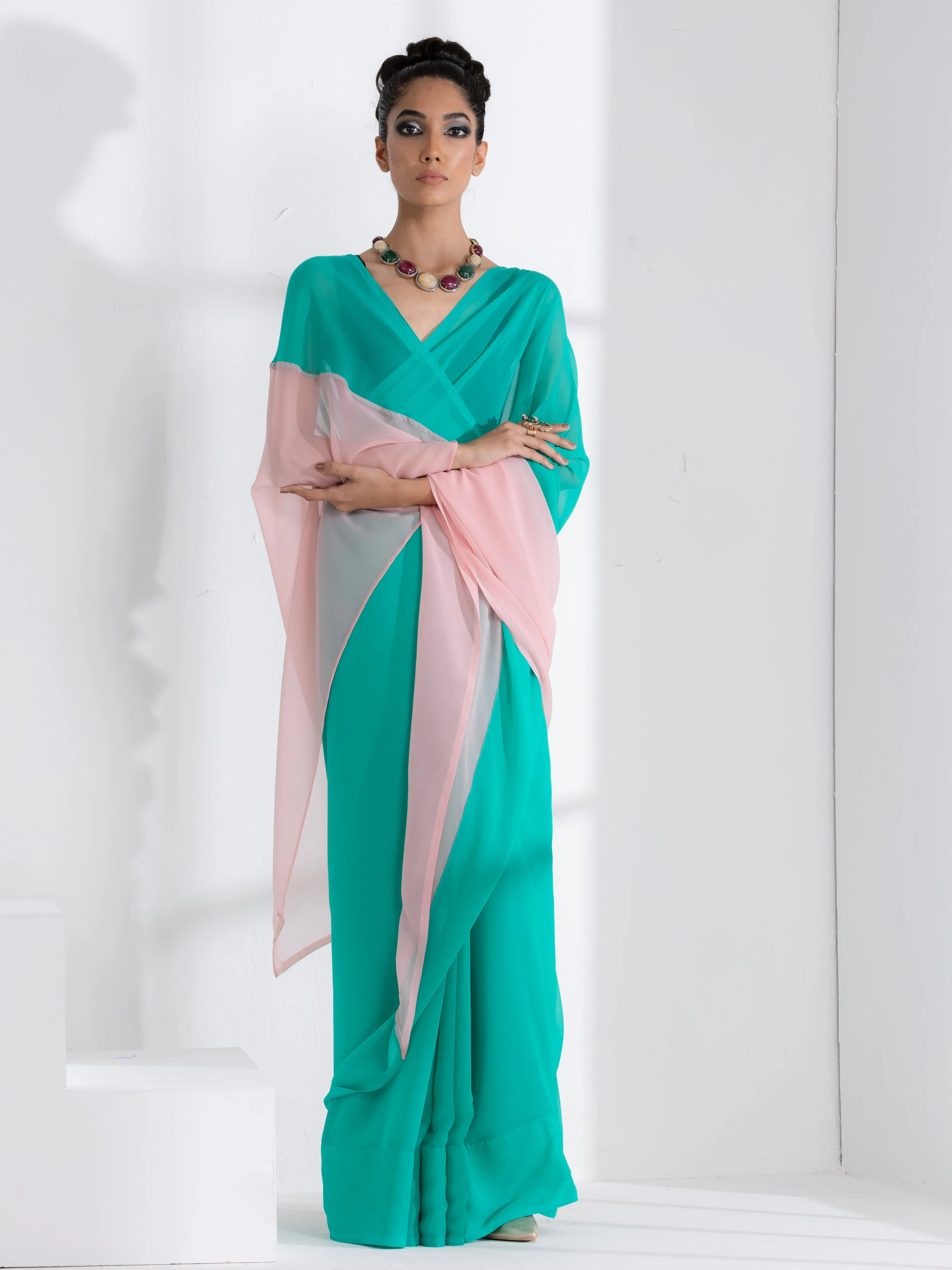 Ocean Breeze & Pink Pearl Triangle Georgette Saree with Black Posh Blouse Fabric
