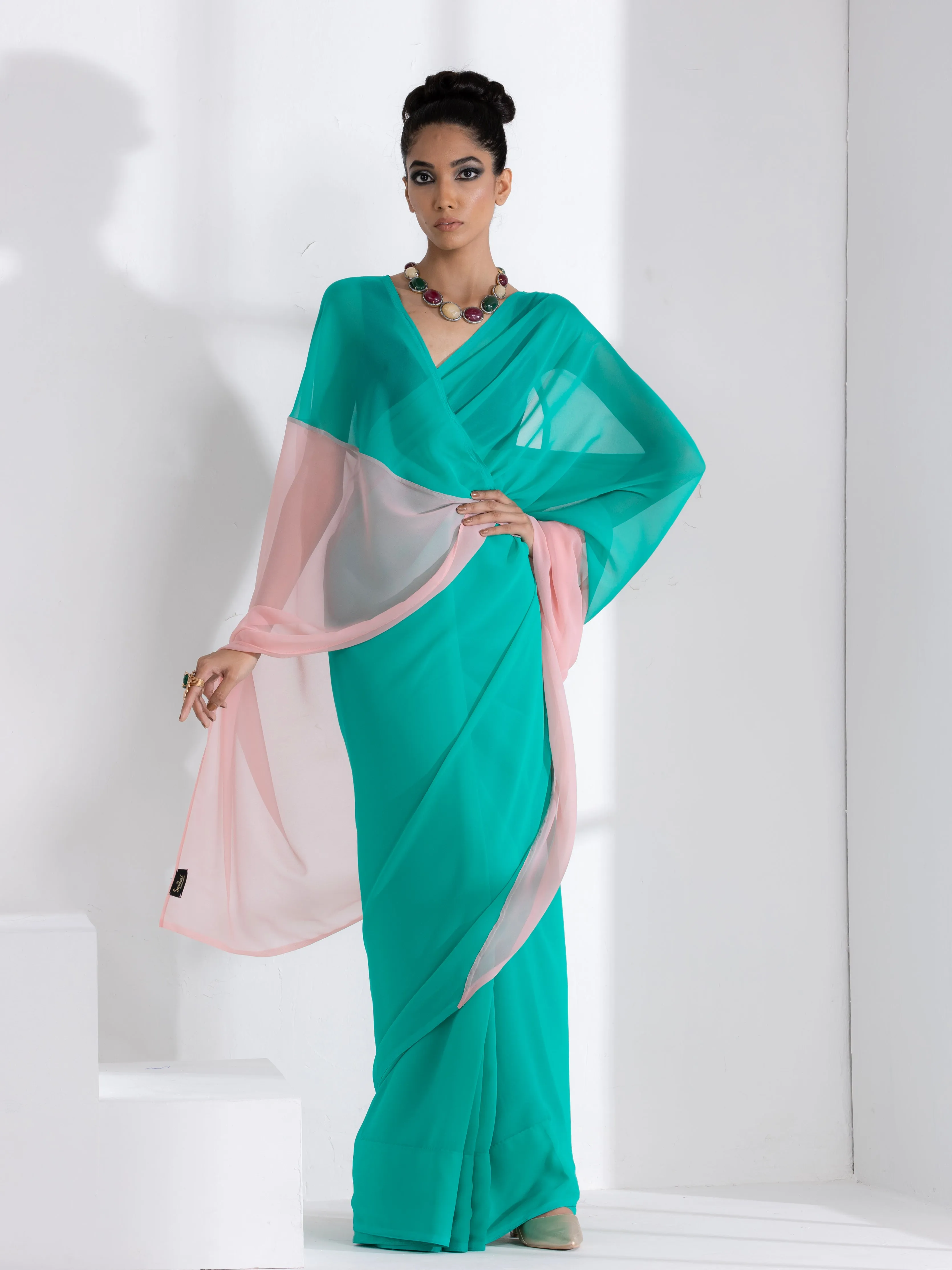 Ocean Breeze & Pink Pearl Triangle Georgette Saree with Black Posh Blouse Fabric