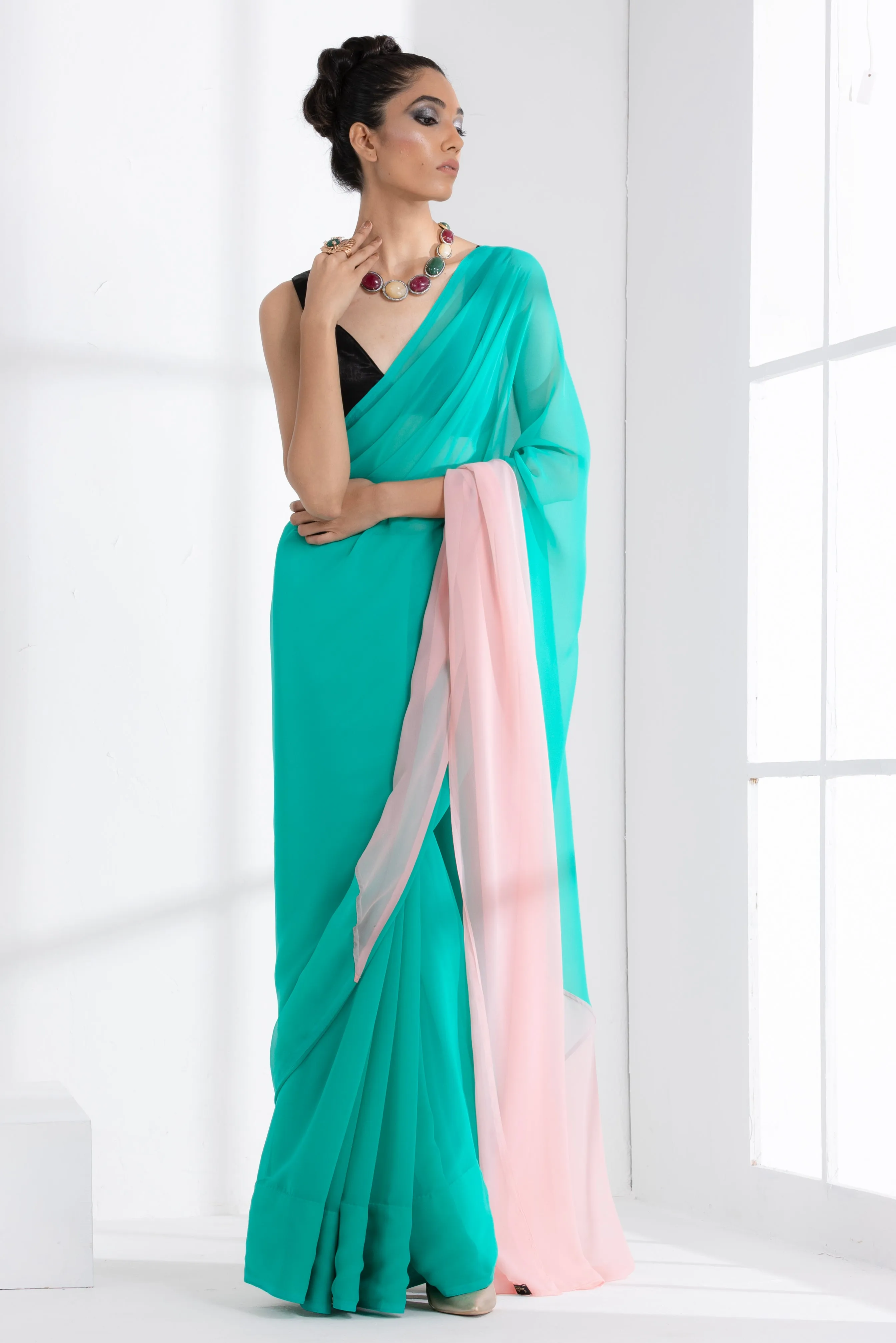 Ocean Breeze & Pink Pearl Triangle Georgette Saree with Black Posh Blouse Fabric