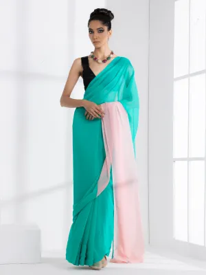 Ocean Breeze & Pink Pearl Triangle Georgette Saree with Black Posh Blouse Fabric