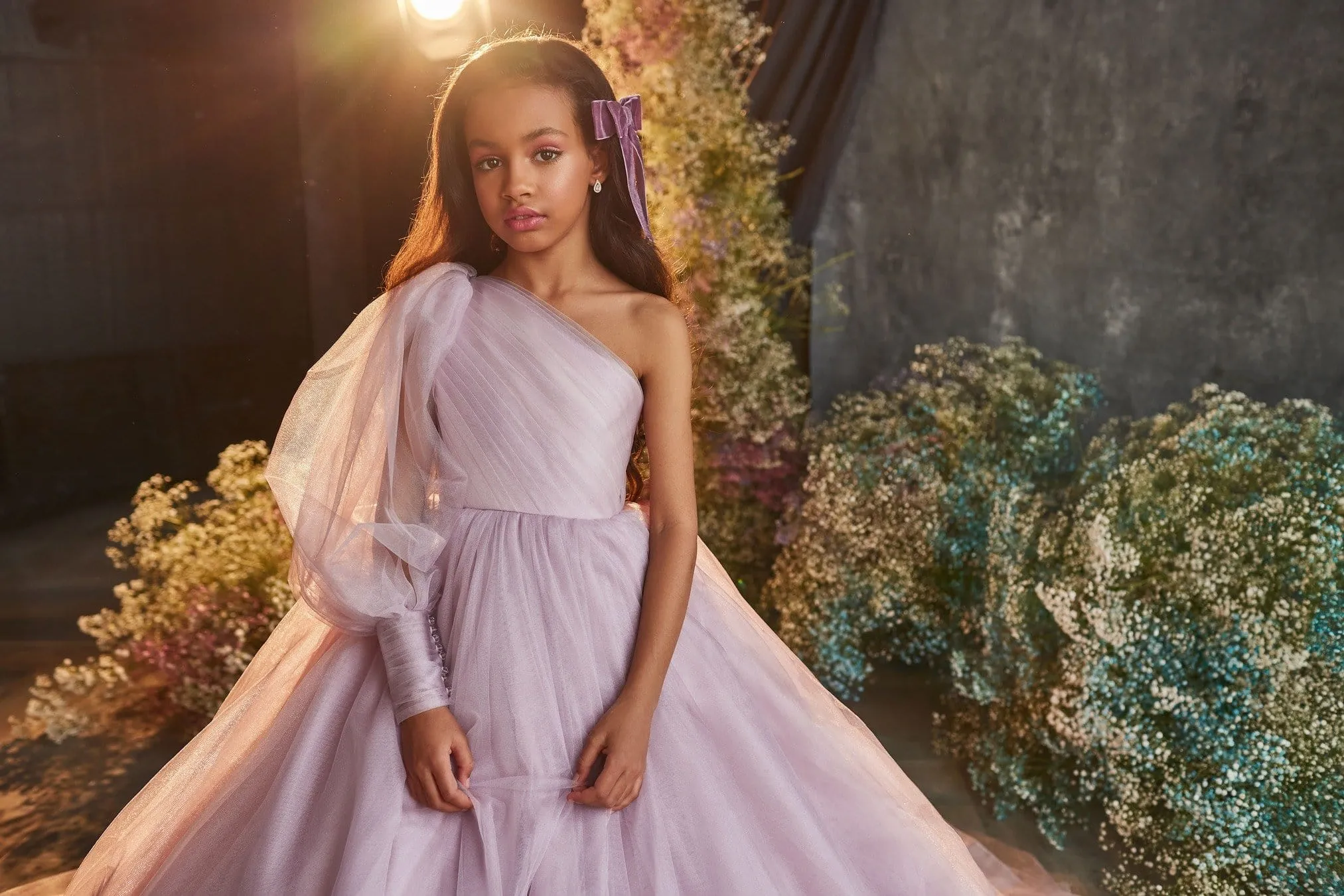 One-Shoulder Junior Bridesmaid Dress with Puff Sleeve