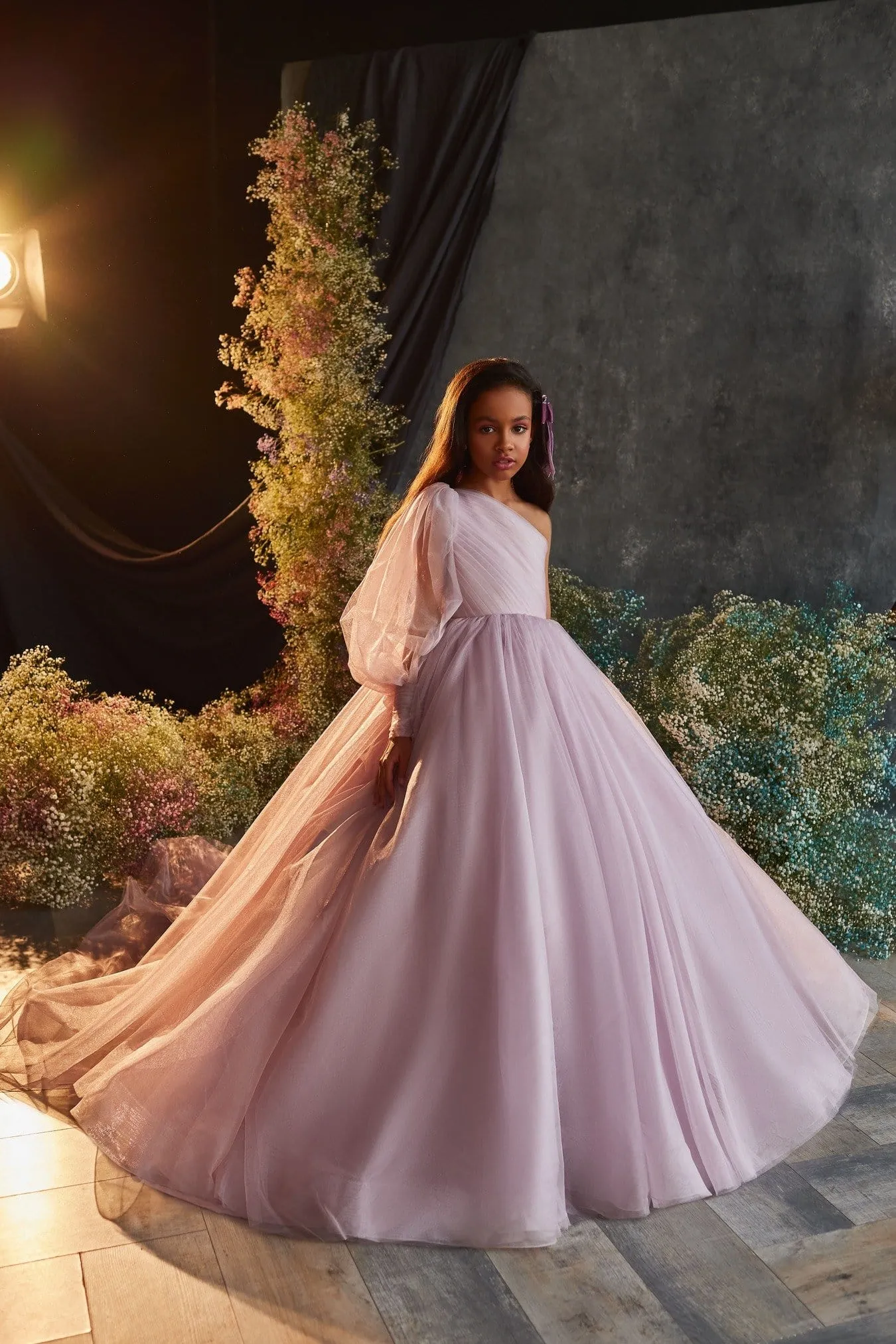 One-Shoulder Junior Bridesmaid Dress with Puff Sleeve