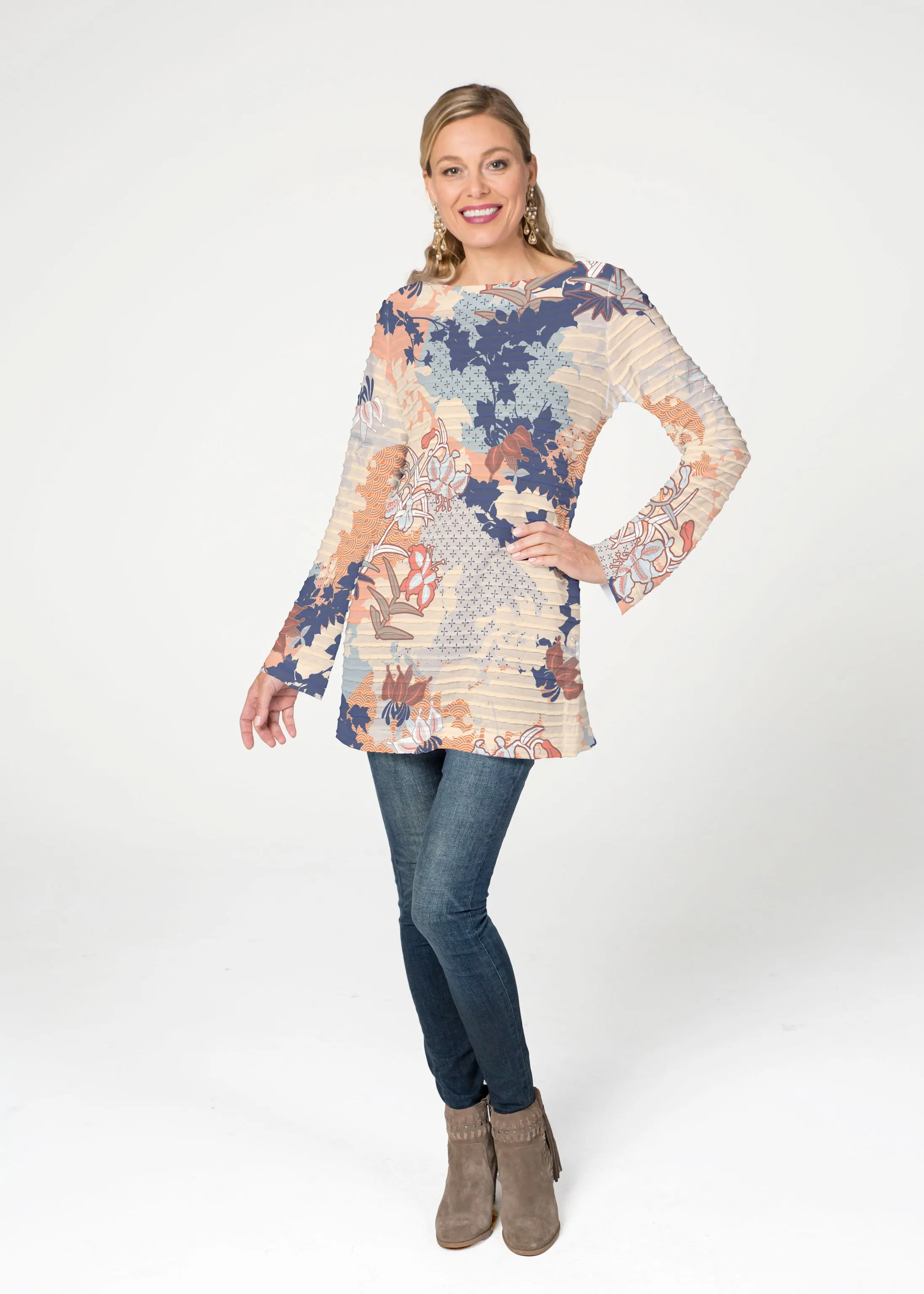 Oriental Floral (7868) ~ Banded Boatneck Tunic