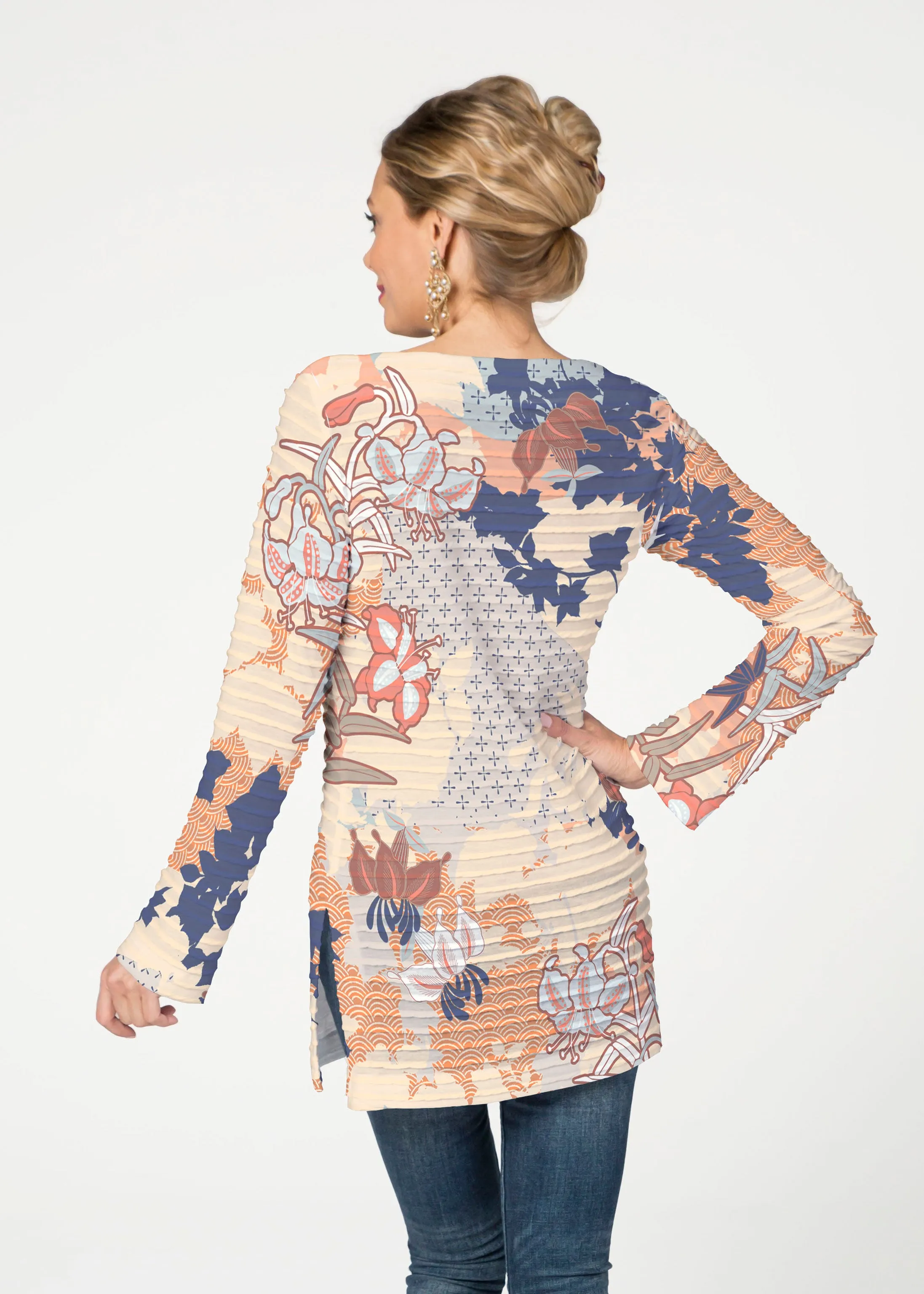 Oriental Floral (7868) ~ Banded Boatneck Tunic