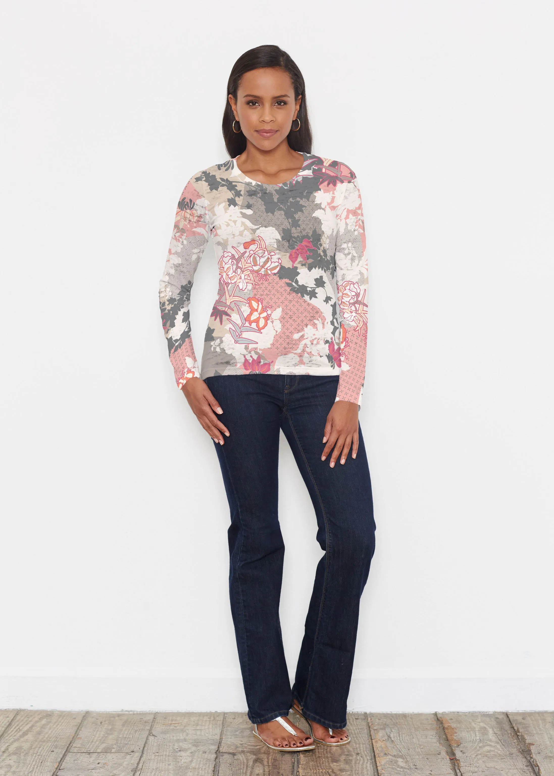 Oriental Floral Grey (7876) ~ Signature Long Sleeve Crew Shirt