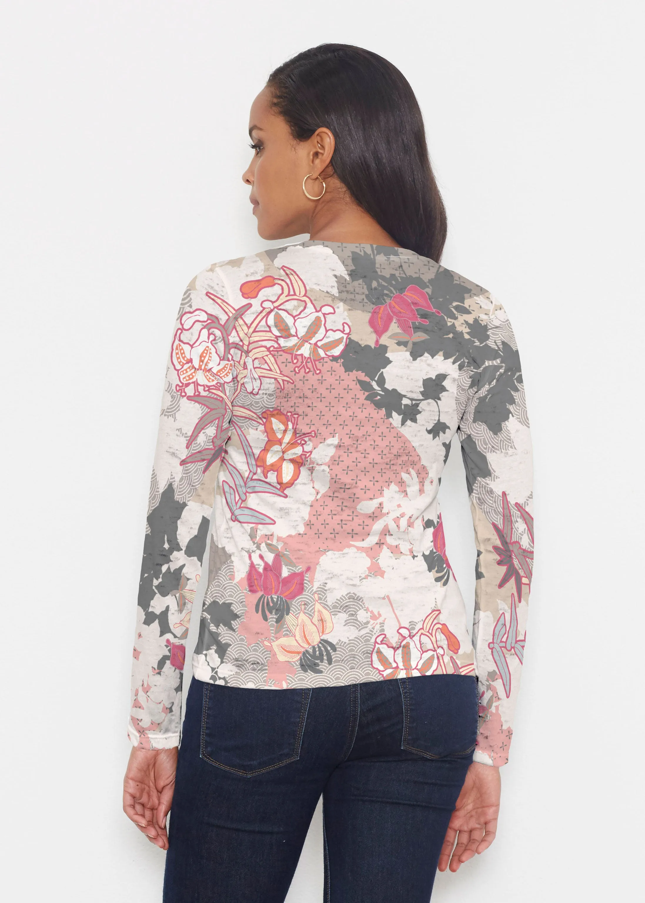 Oriental Floral Grey (7876) ~ Signature Long Sleeve Crew Shirt