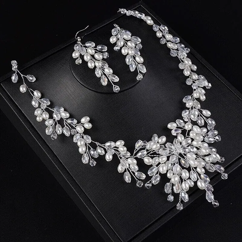 Oval Pearl Necklace and Earrings 3PC Jewelry Set, Wedding Pearl Wire Necklace Set, Large Bridal Pearl Necklace Set