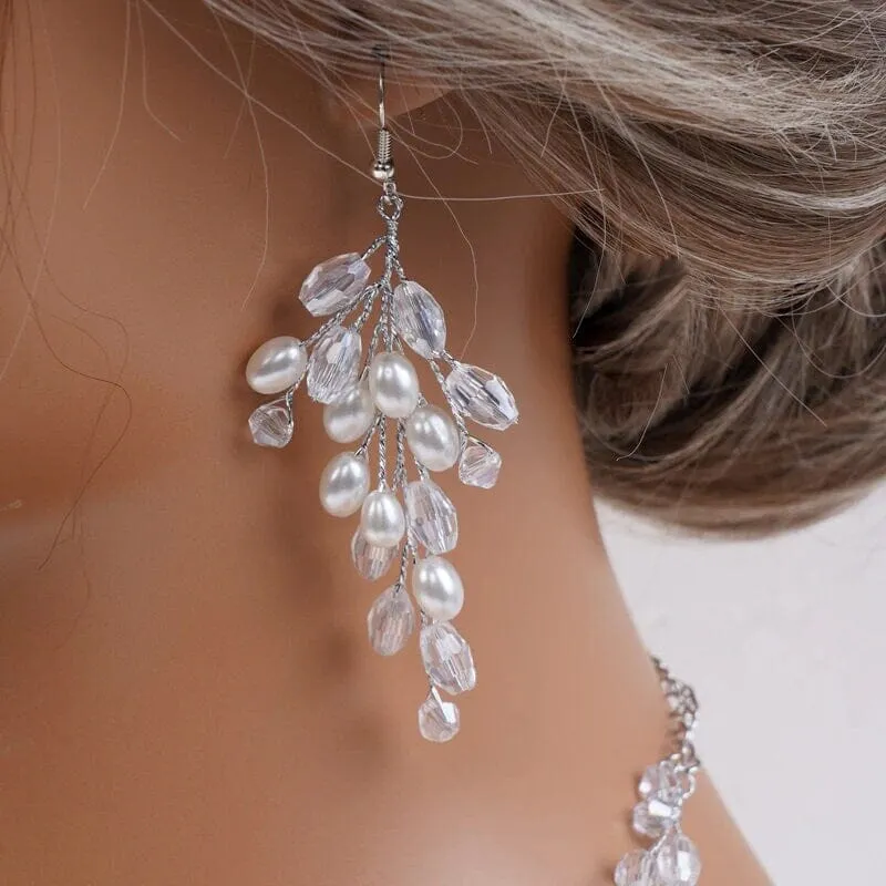 Oval Pearl Necklace and Earrings 3PC Jewelry Set, Wedding Pearl Wire Necklace Set, Large Bridal Pearl Necklace Set