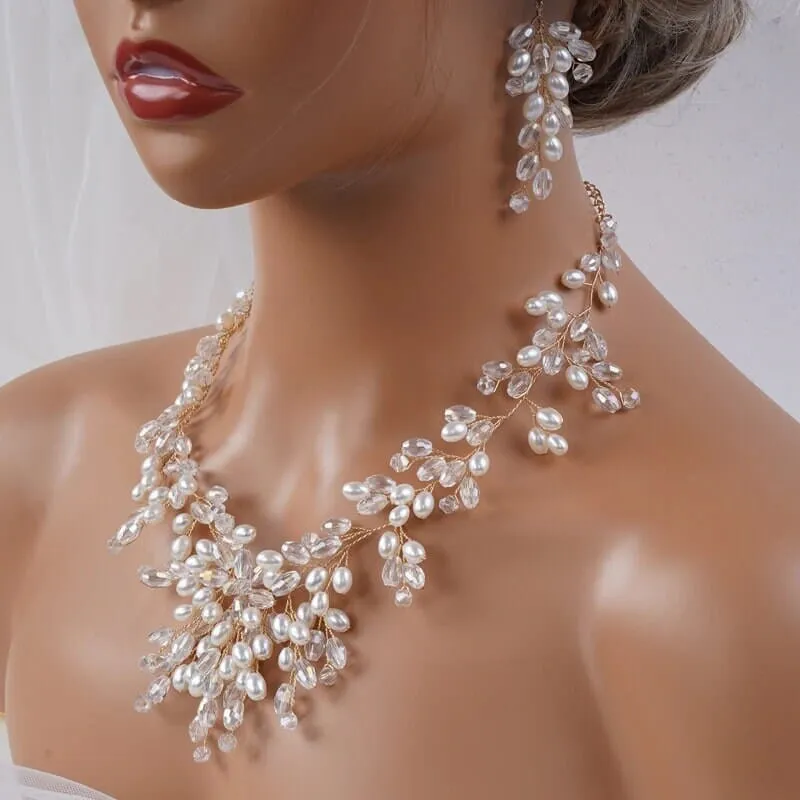 Oval Pearl Necklace and Earrings 3PC Jewelry Set, Wedding Pearl Wire Necklace Set, Large Bridal Pearl Necklace Set