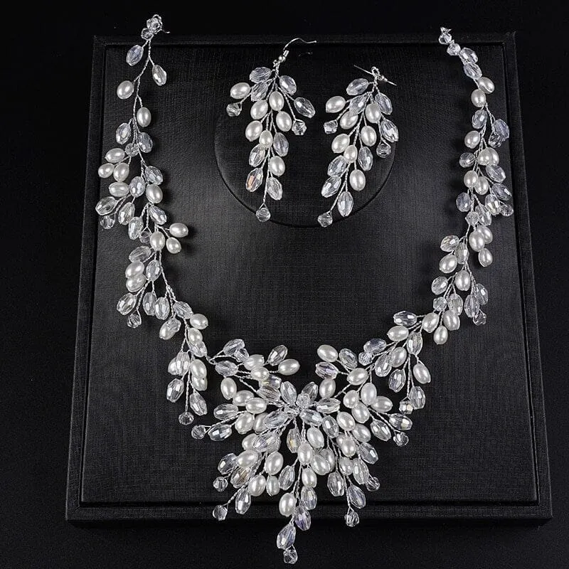 Oval Pearl Necklace and Earrings 3PC Jewelry Set, Wedding Pearl Wire Necklace Set, Large Bridal Pearl Necklace Set
