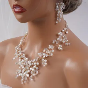 Oval Pearl Necklace and Earrings 3PC Jewelry Set, Wedding Pearl Wire Necklace Set, Large Bridal Pearl Necklace Set