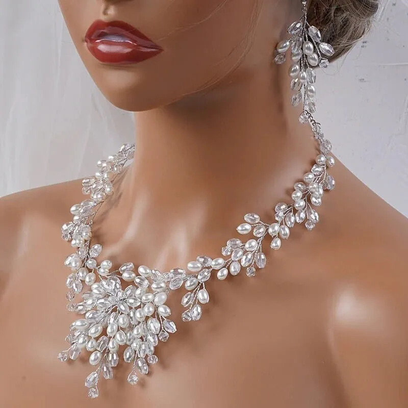 Oval Pearl Necklace and Earrings 3PC Jewelry Set, Wedding Pearl Wire Necklace Set, Large Bridal Pearl Necklace Set