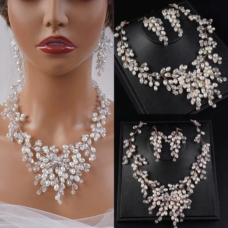 Oval Pearl Necklace and Earrings 3PC Jewelry Set, Wedding Pearl Wire Necklace Set, Large Bridal Pearl Necklace Set