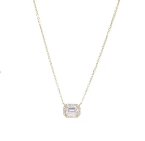 Pave Outlined Baguette Solitaire Pendant Necklace