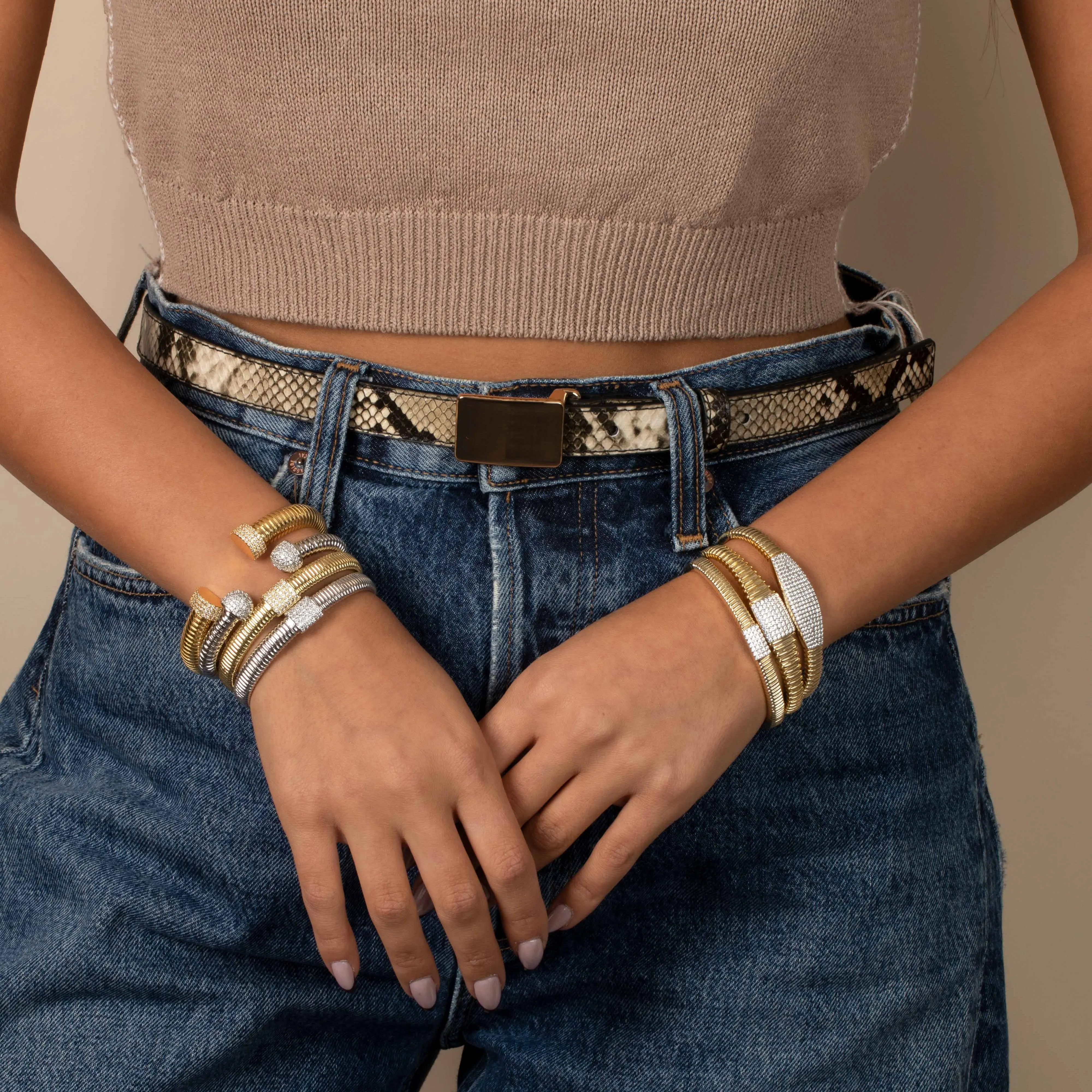 Pave Square Ridged Bangle Bracelet