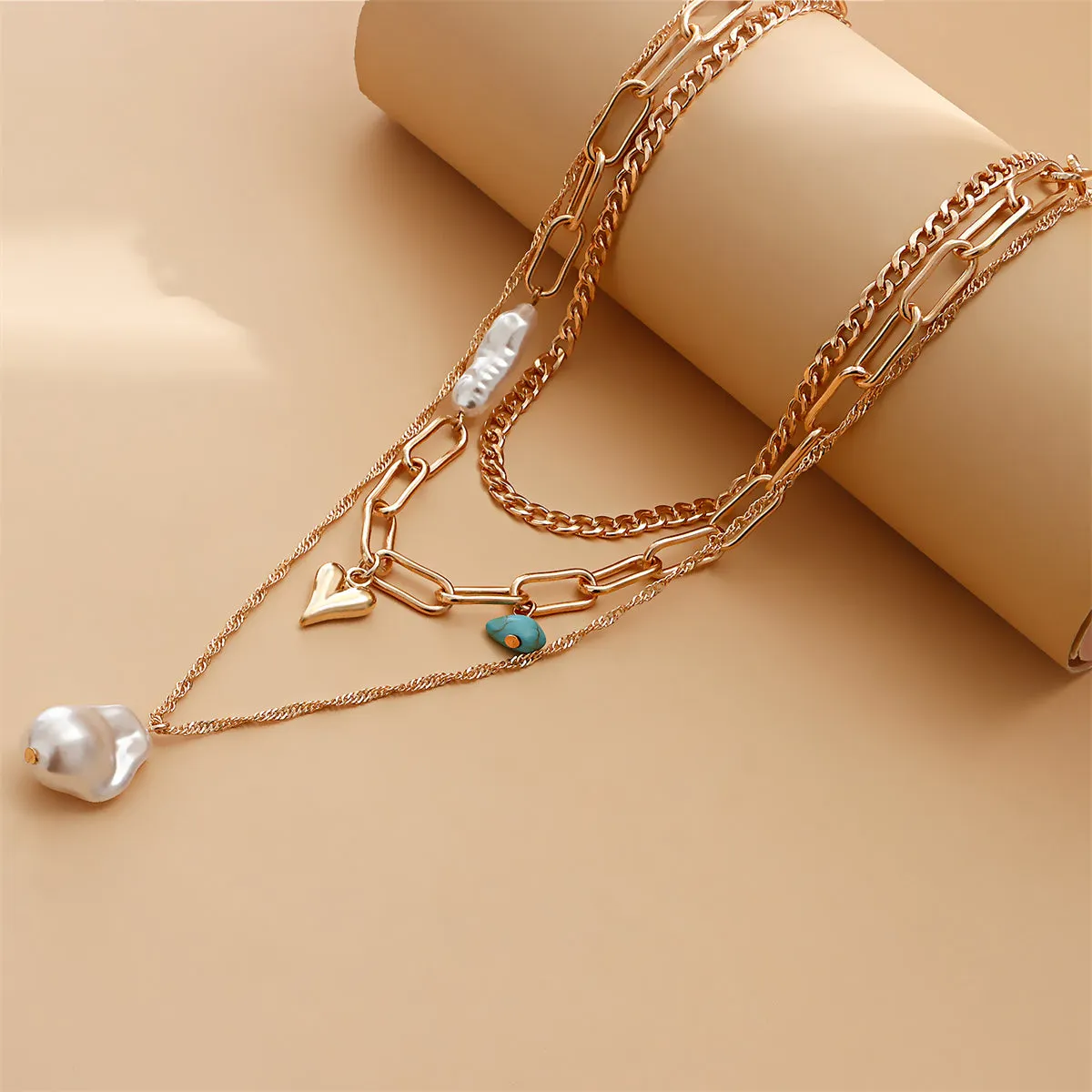 Pearl & Turquoise 18K Gold-Plated Heart Pendant Layered Necklace