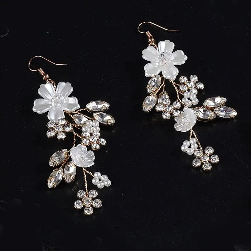 Pearl Flower Bridal 3 PC Jewelry Set, Wedding Floral Necklace and Earrings Jewelry, Crystal Flower Wedding Necklace Set