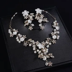 Pearl Flower Bridal 3 PC Jewelry Set, Wedding Floral Necklace and Earrings Jewelry, Crystal Flower Wedding Necklace Set
