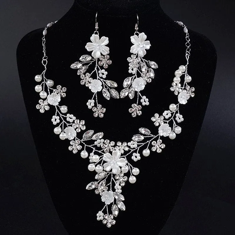 Pearl Flower Bridal 3 PC Jewelry Set, Wedding Floral Necklace and Earrings Jewelry, Crystal Flower Wedding Necklace Set