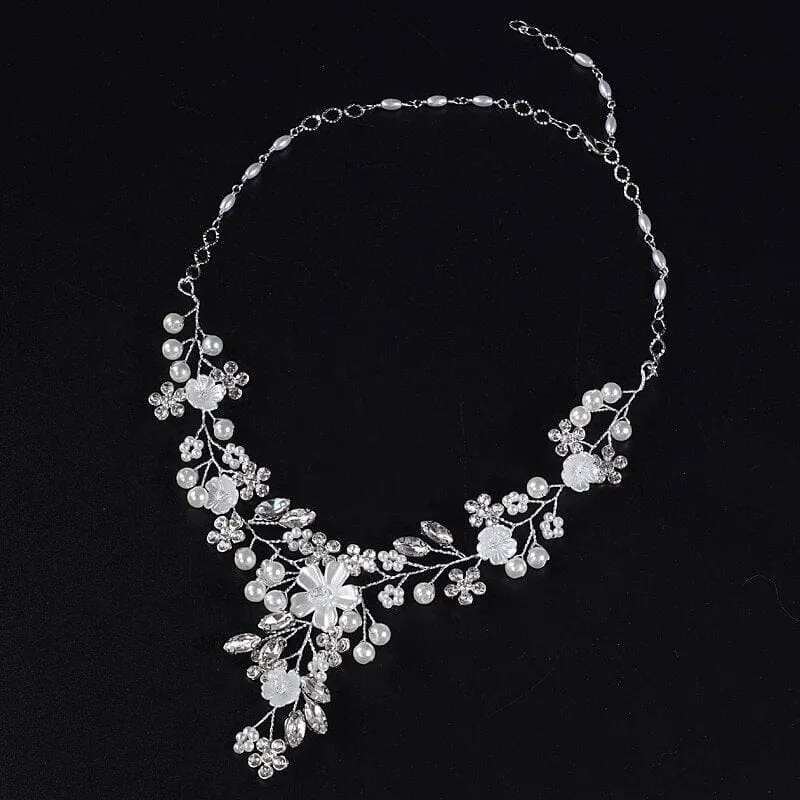 Pearl Flower Bridal 3 PC Jewelry Set, Wedding Floral Necklace and Earrings Jewelry, Crystal Flower Wedding Necklace Set