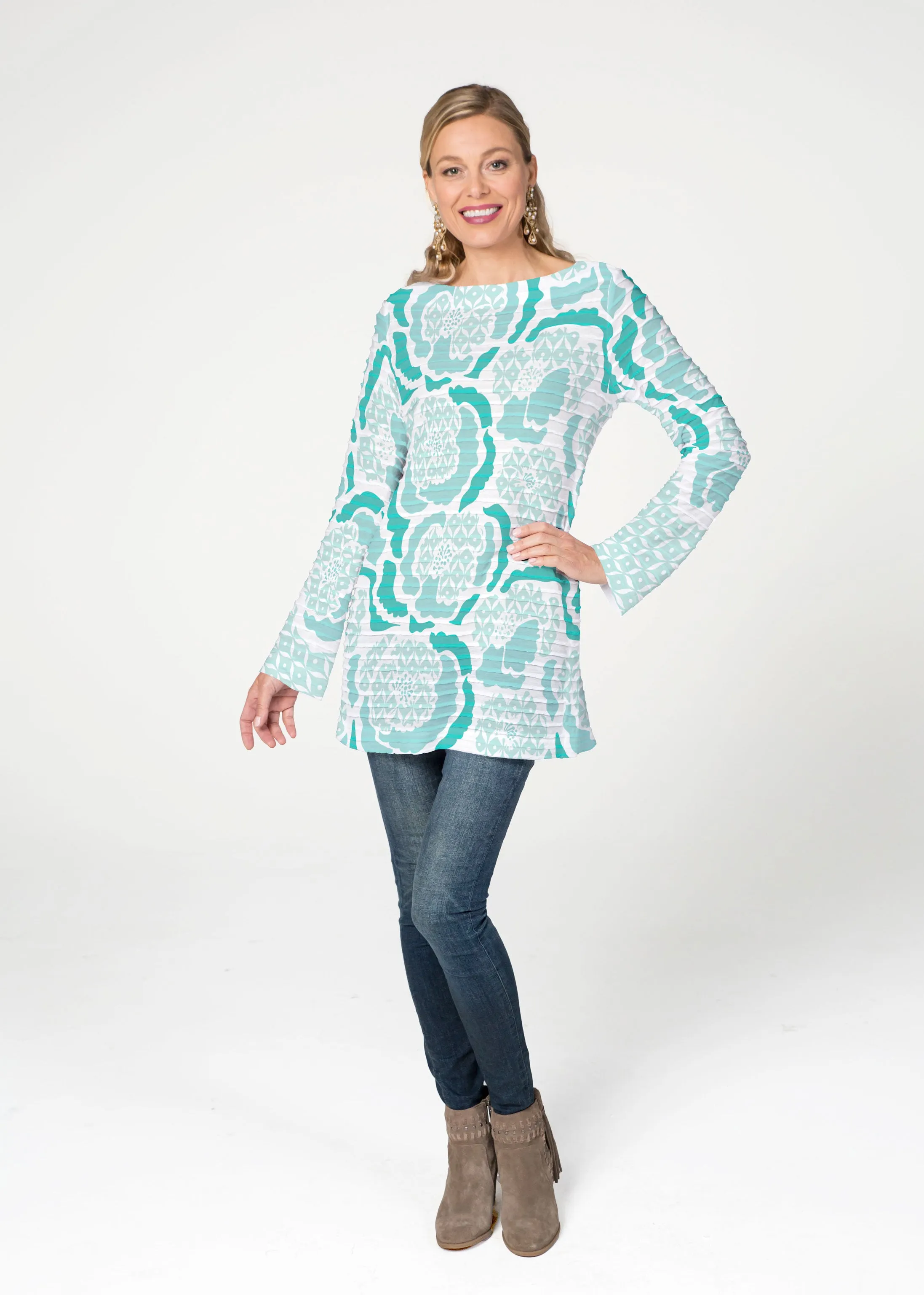 Peonies Aqua (8082) ~ Banded Boatneck Tunic