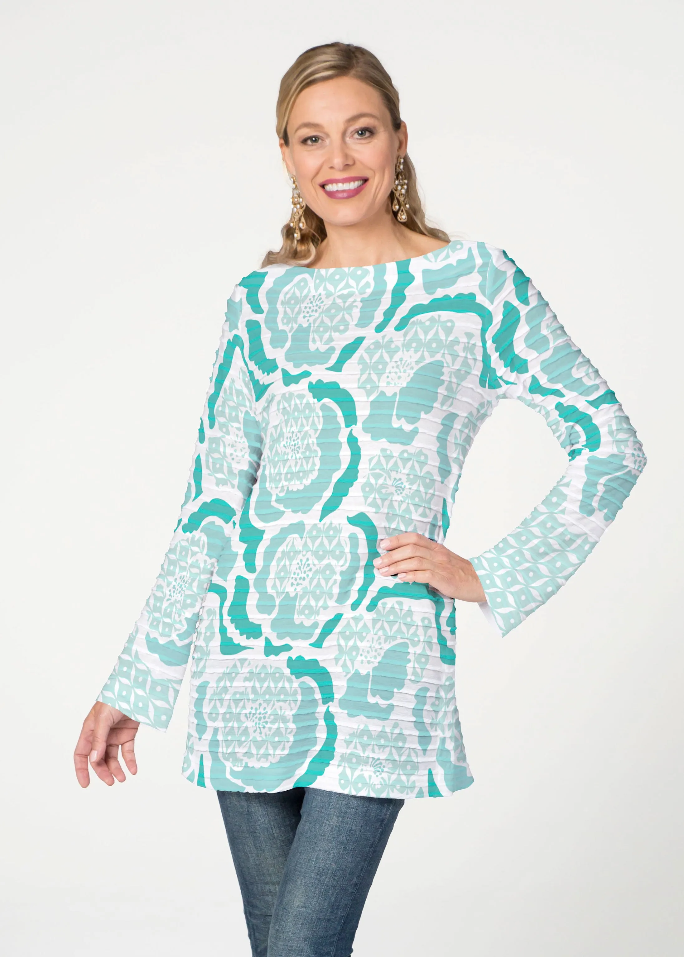 Peonies Aqua (8082) ~ Banded Boatneck Tunic