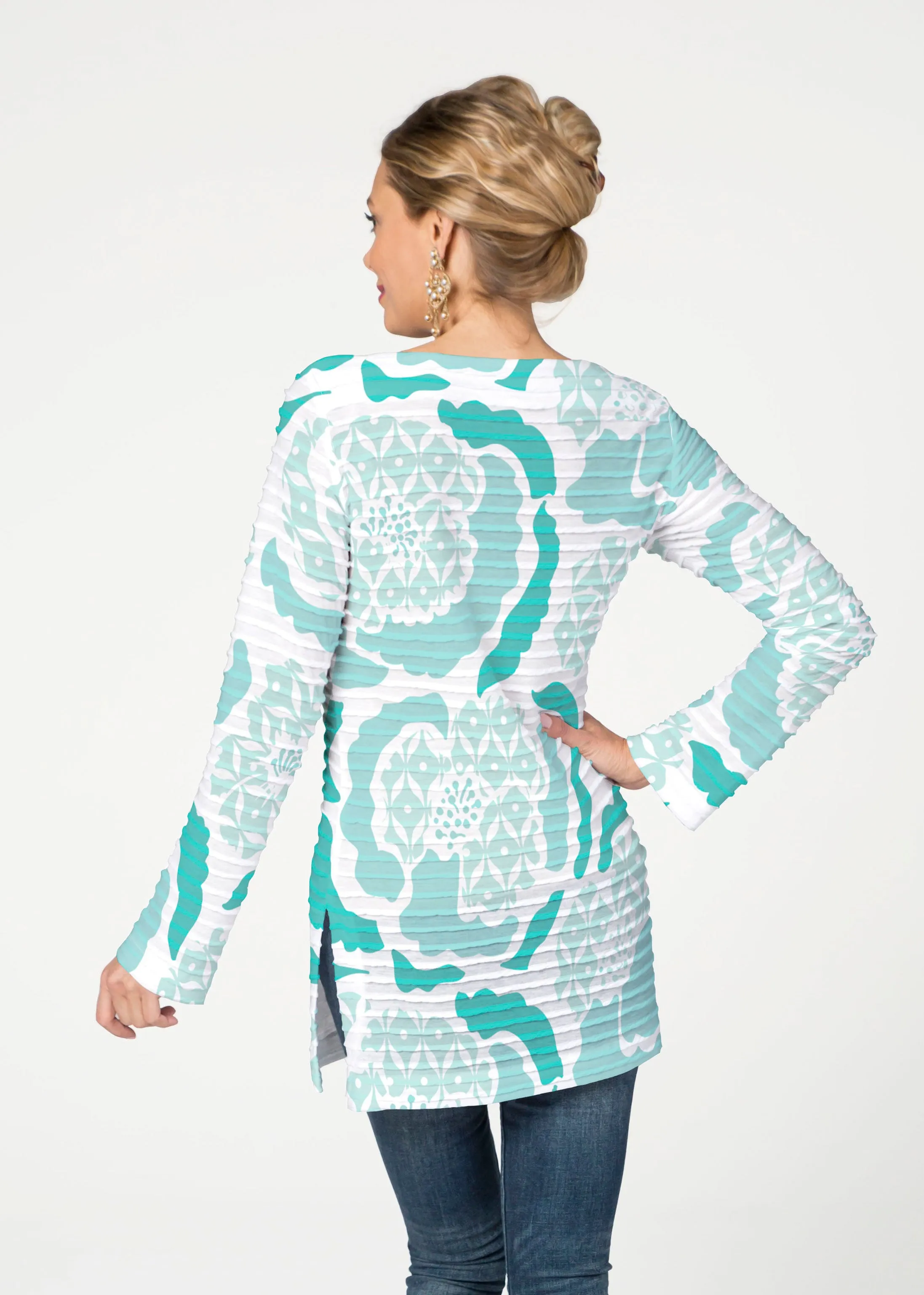 Peonies Aqua (8082) ~ Banded Boatneck Tunic