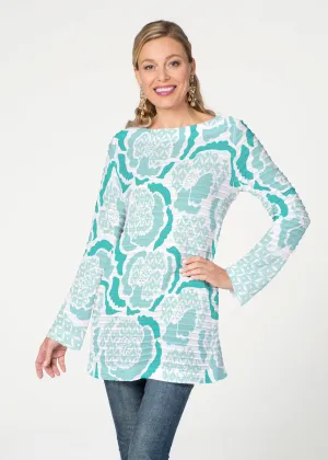Peonies Aqua (8082) ~ Banded Boatneck Tunic