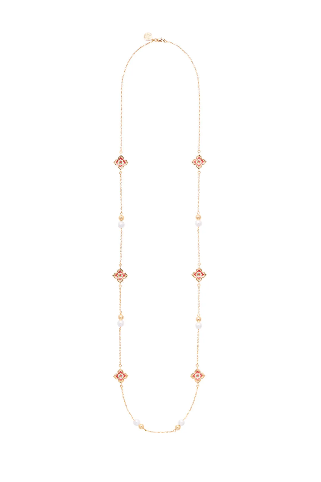 Peranakan Floral Pearl Charm Long Necklace - Rosy Pink Gold