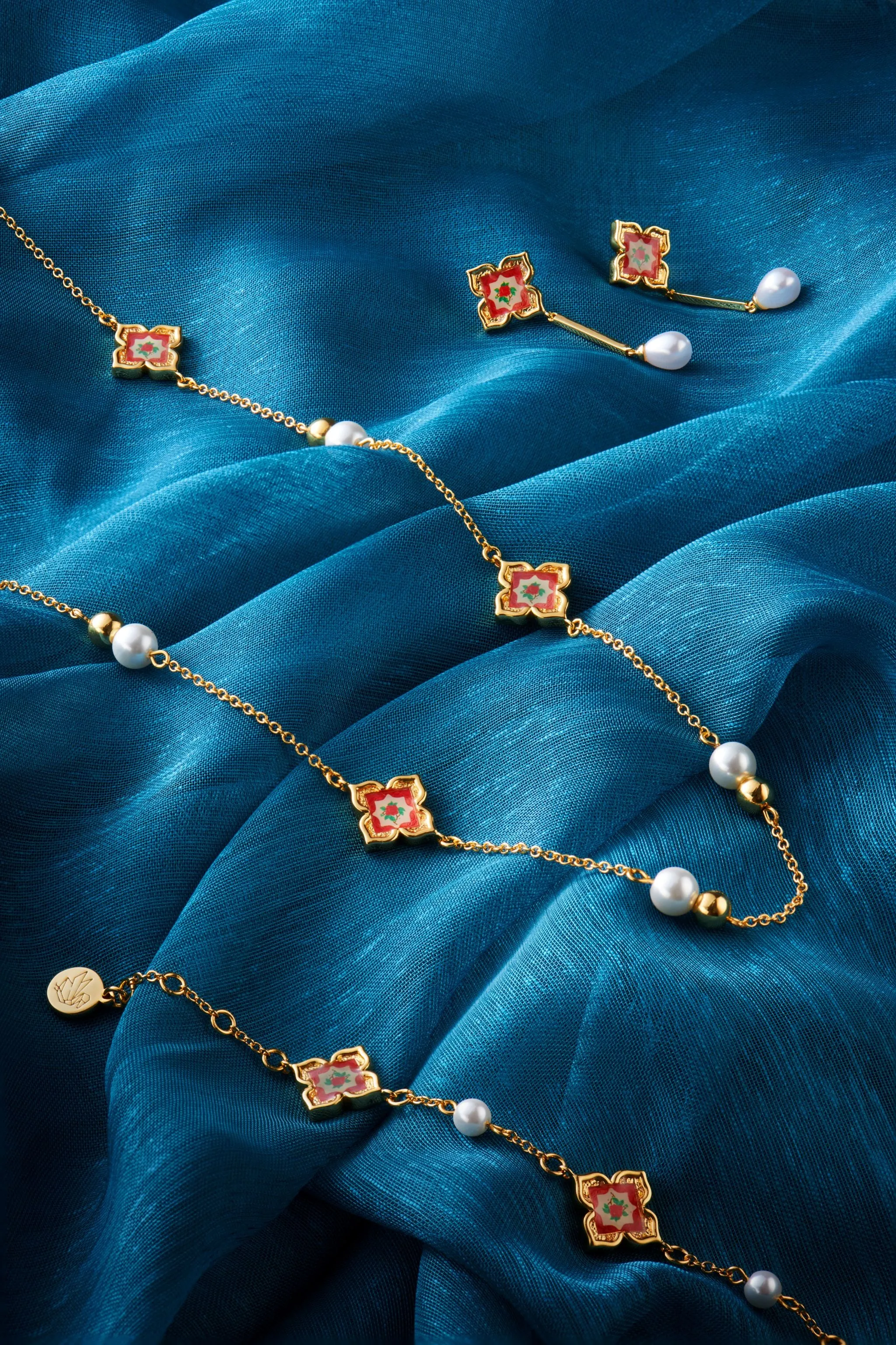 Peranakan Floral Pearl Charm Long Necklace - Rosy Pink Gold