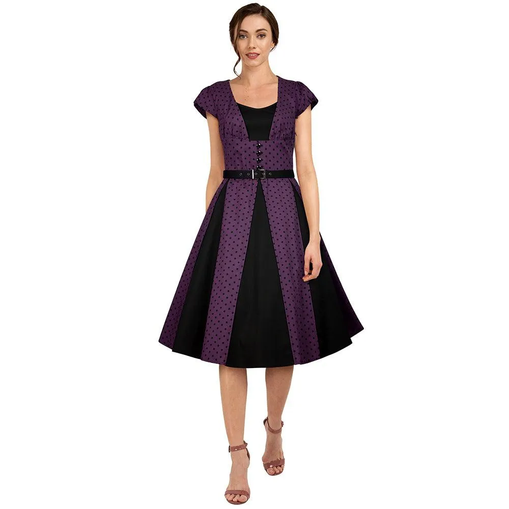 Polka Dot Panel Swing Dress in Purple & Black