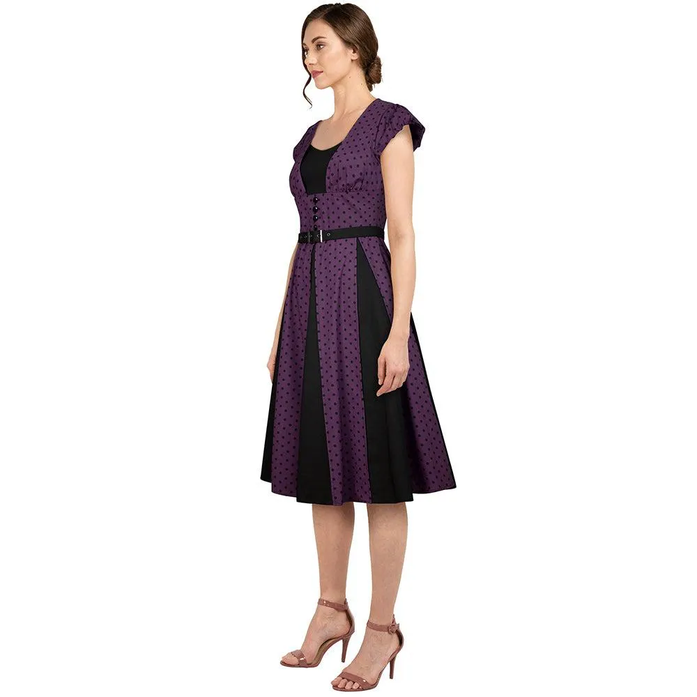 Polka Dot Panel Swing Dress in Purple & Black
