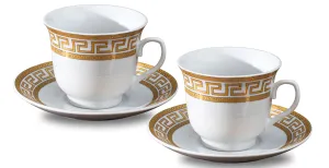 Porcelain Tea Cup and Saucer Set - 4 Piece Vintage Tea Set - White with Gold Greek Key Design - 5.5 Inch Saucers, 6.5 oz Cups - For Tea Parties, Cappuccino, Home Decor (Meander Gold 3004, 4 Piece)