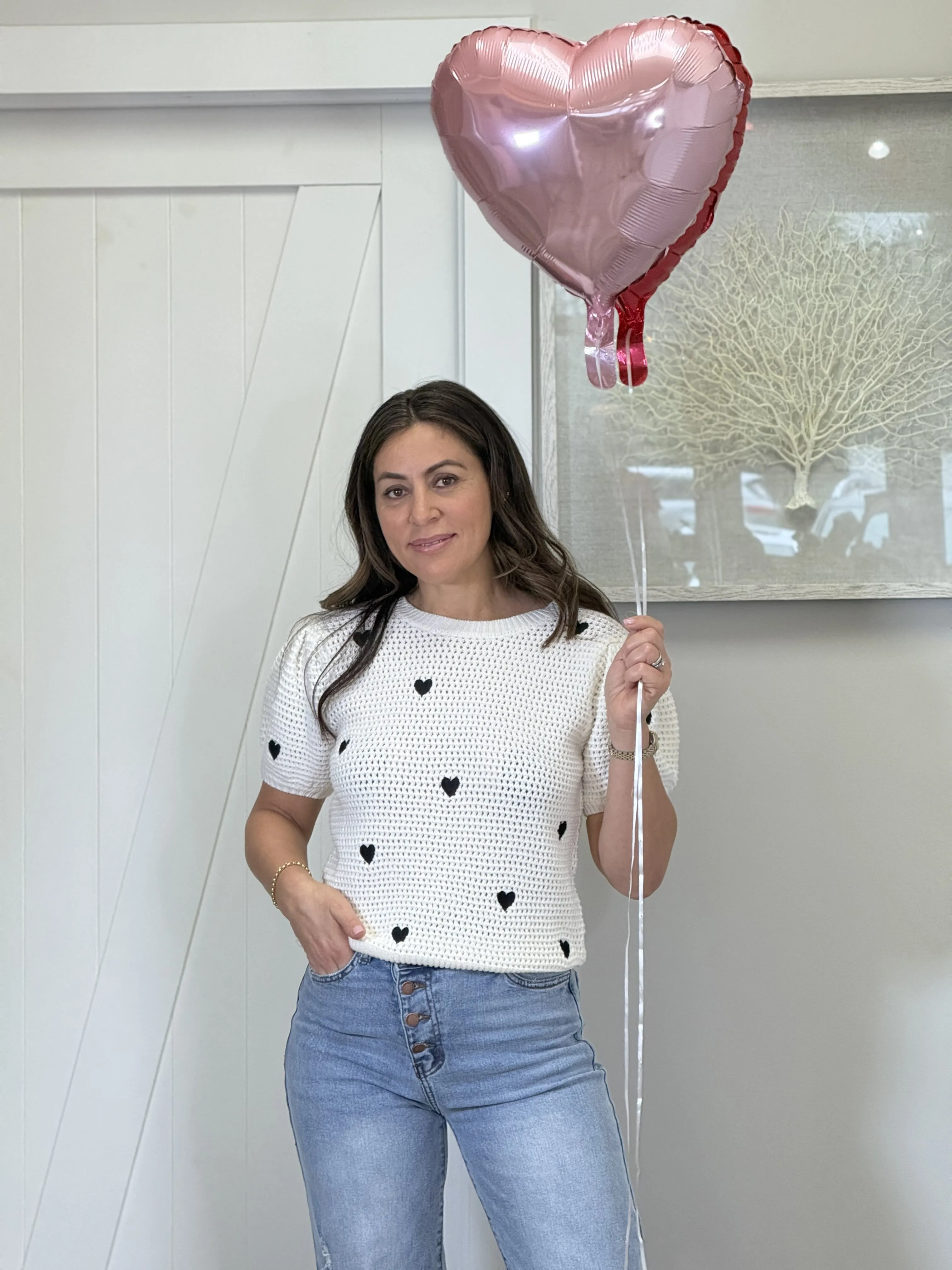 "Diana" Short Sleeve Hearts Details Knit Sweater