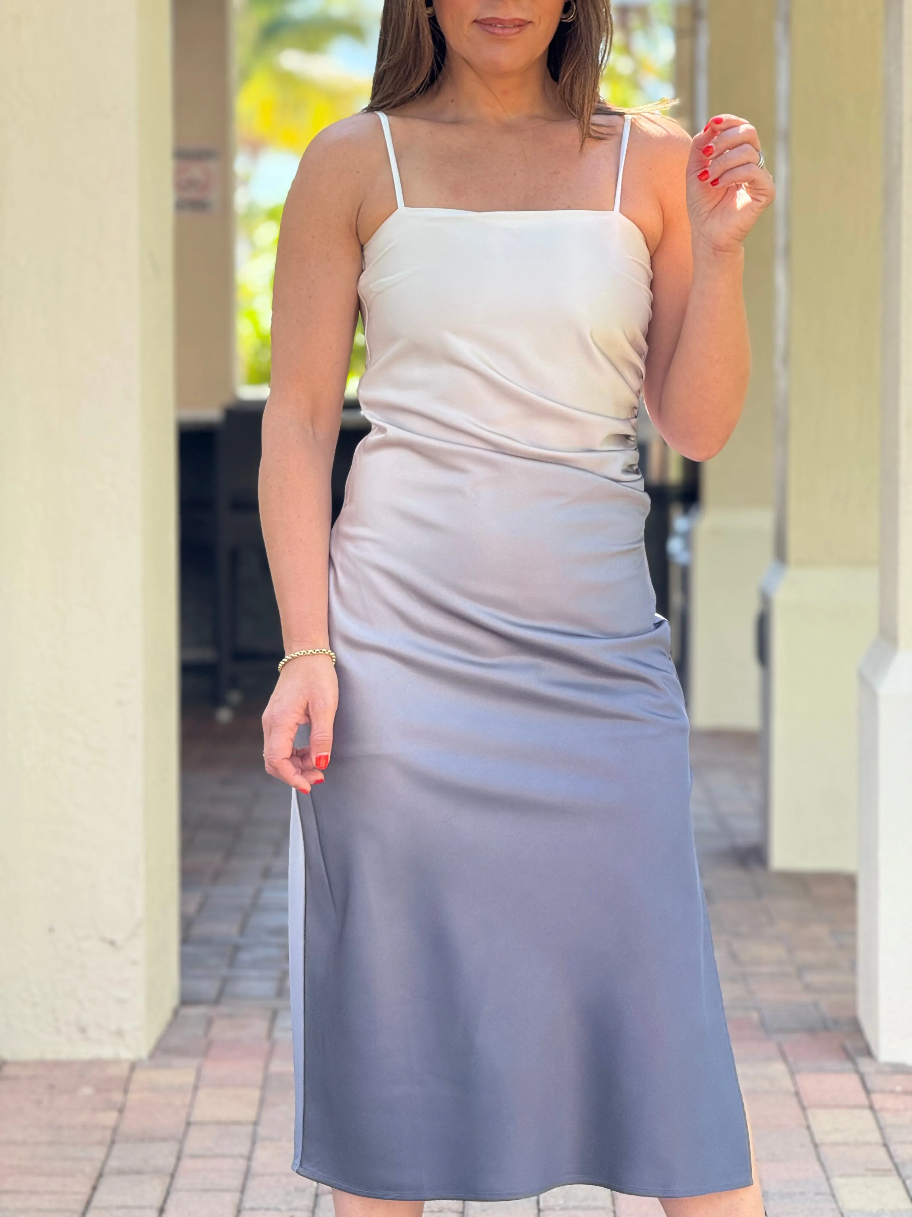 "Wanda" Satin Sleeveless Ombre Midi Dress