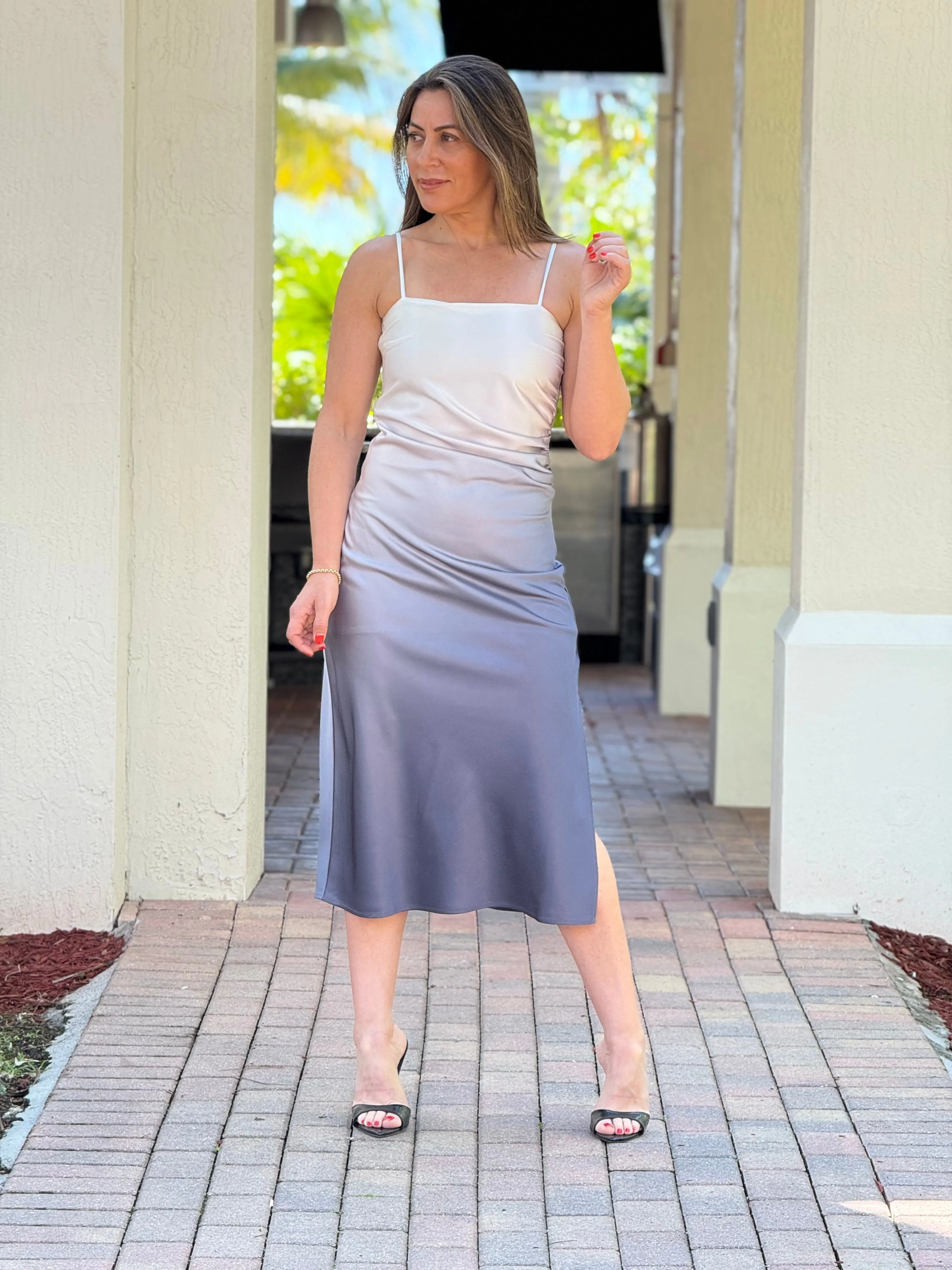 "Wanda" Satin Sleeveless Ombre Midi Dress