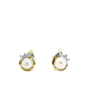 Retro Akoya Saltwater Cultured Pearl Diamond Pierced Earrings- 10K Yellow Gold