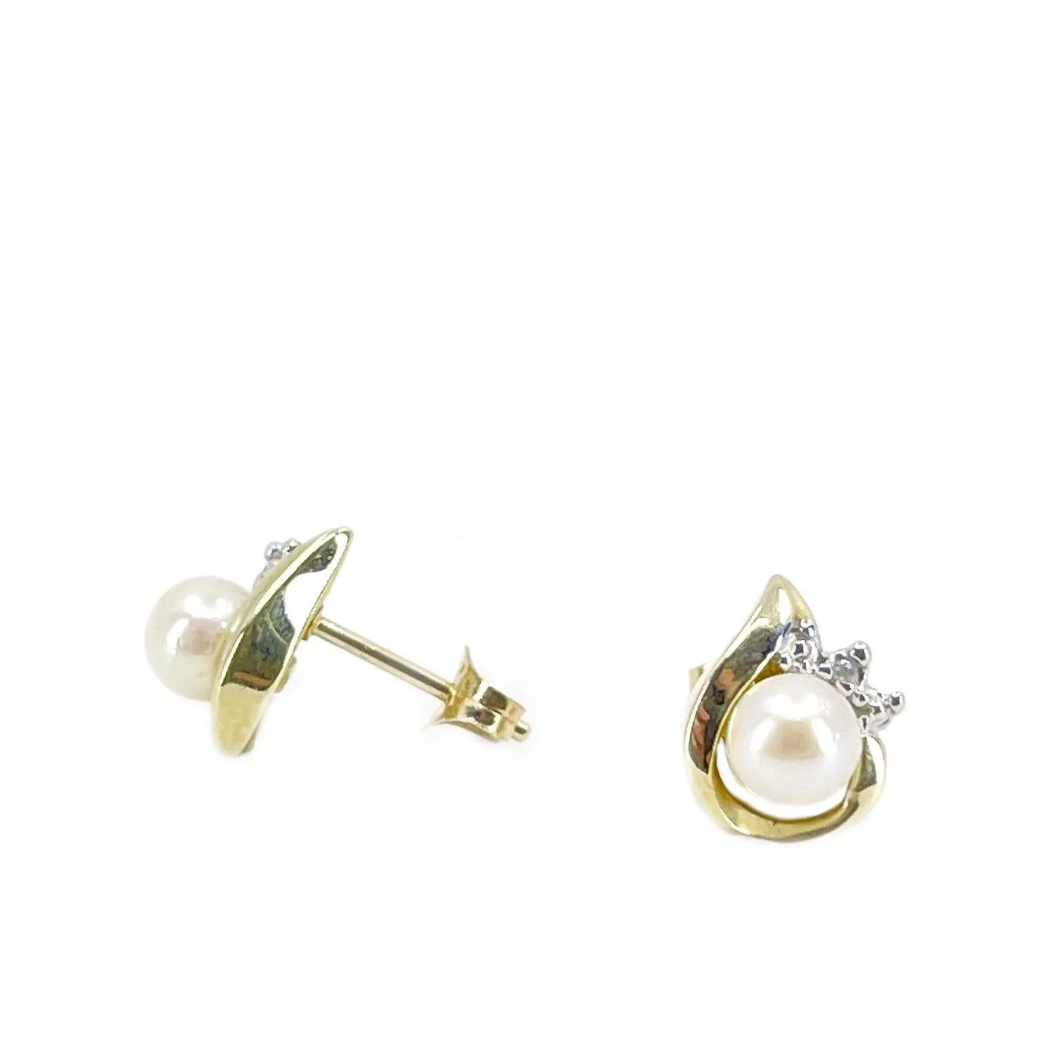 Retro Akoya Saltwater Cultured Pearl Diamond Pierced Earrings- 10K Yellow Gold