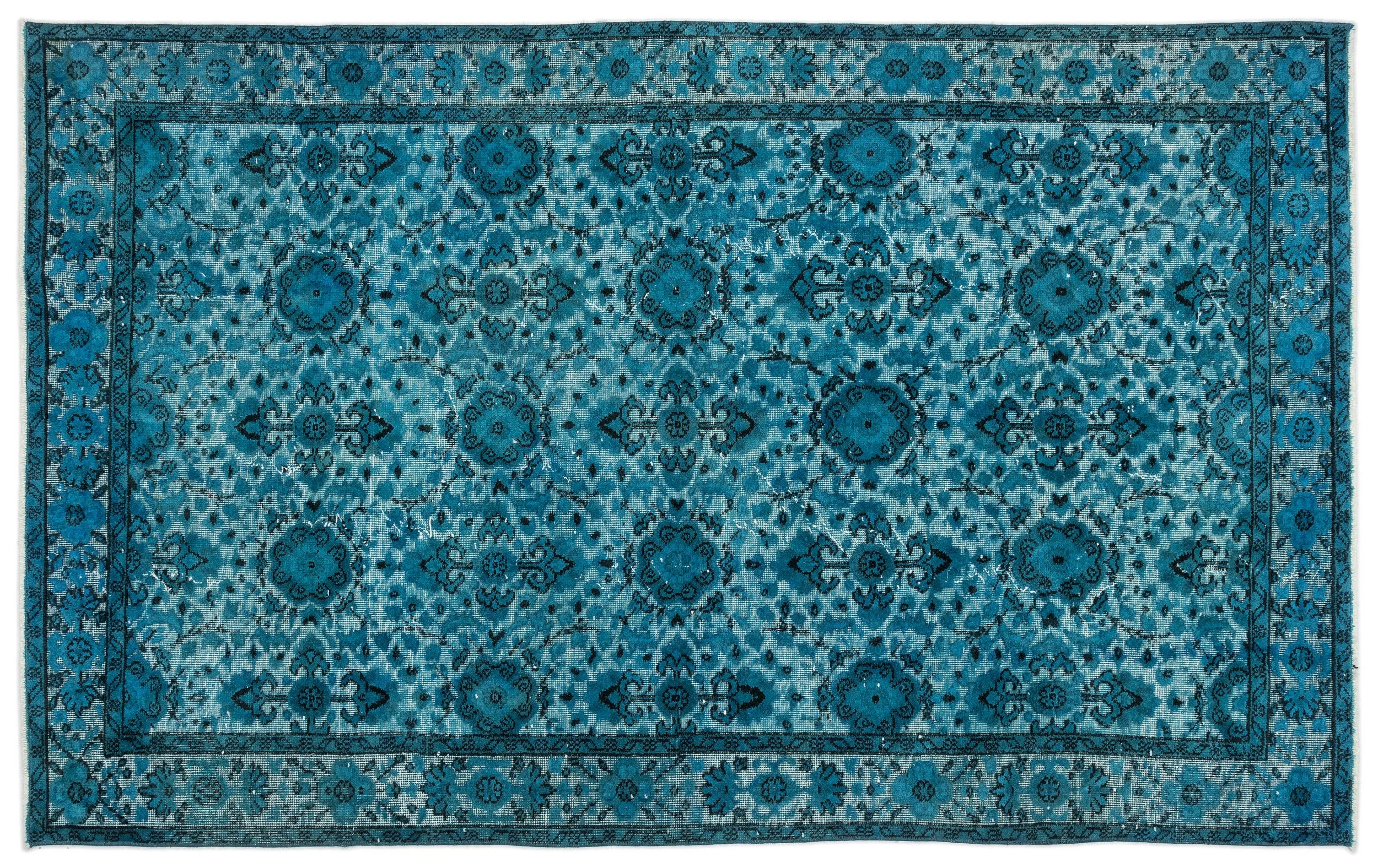 Retro Design Turquoise Over Dyed Carved Rug 5'3'' x 8'6'' ft 160 x 259 cm