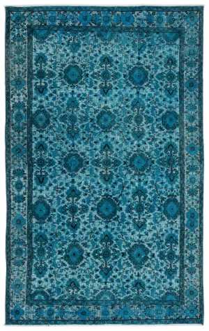 Retro Design Turquoise Over Dyed Carved Rug 5'3'' x 8'6'' ft 160 x 259 cm