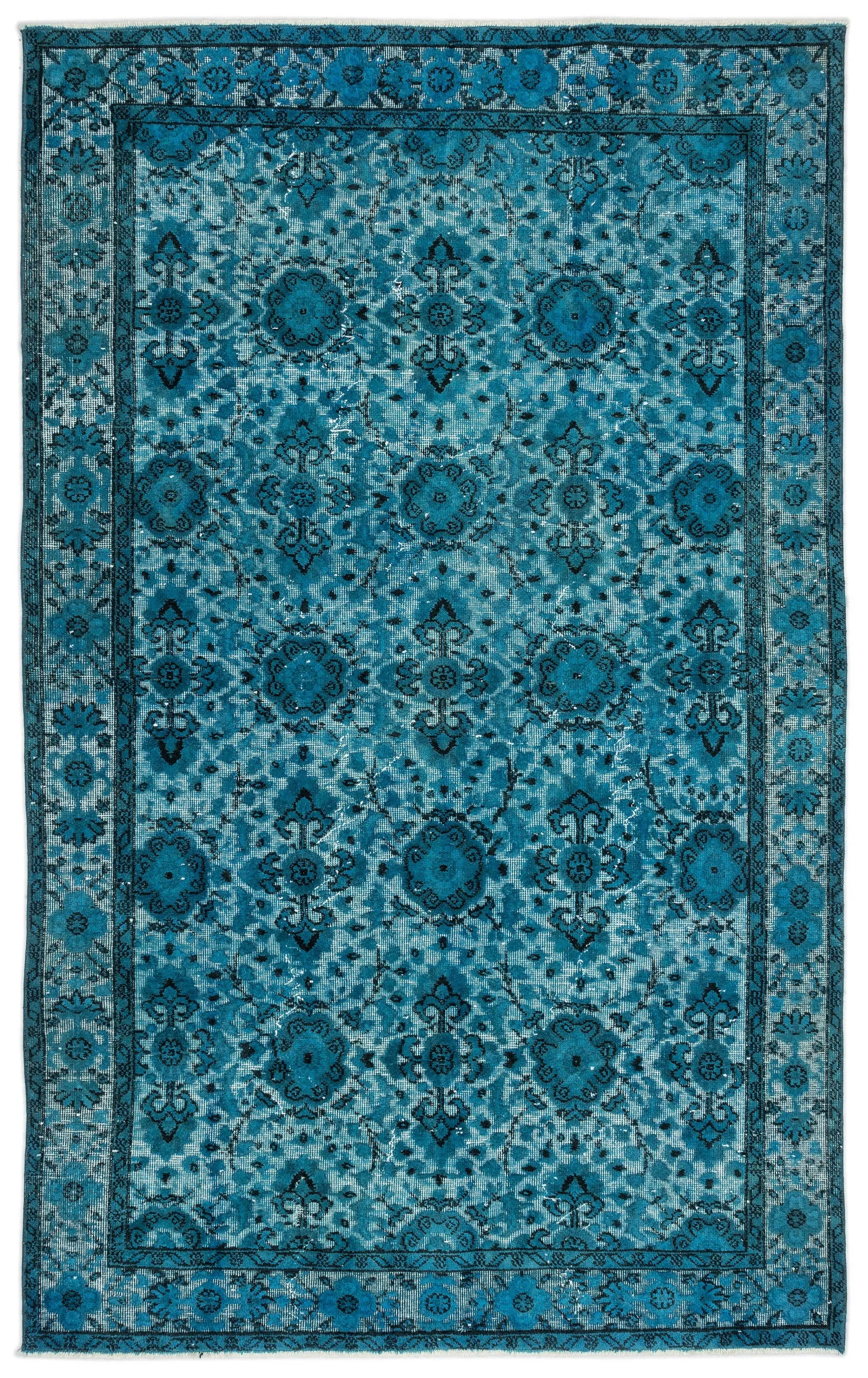 Retro Design Turquoise Over Dyed Carved Rug 5'3'' x 8'6'' ft 160 x 259 cm