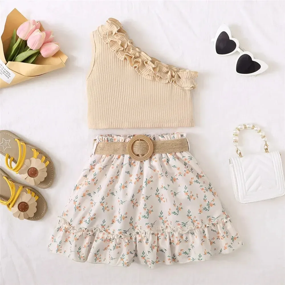 Retro Off-Shoulder Top Flowers Skirt
