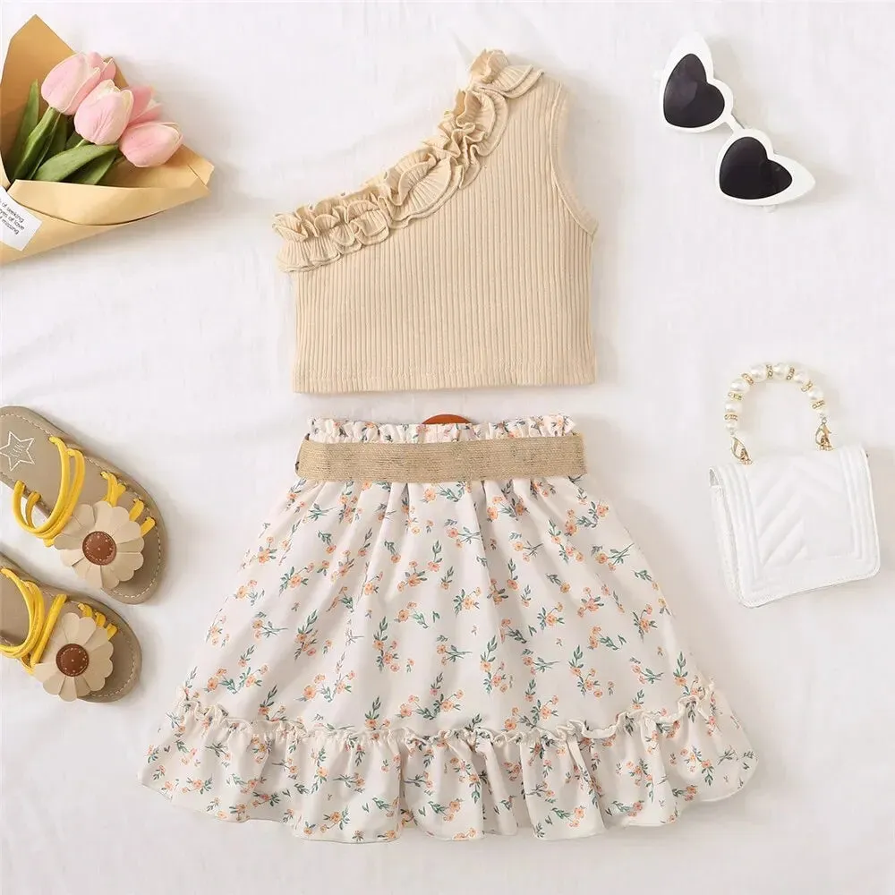 Retro Off-Shoulder Top Flowers Skirt