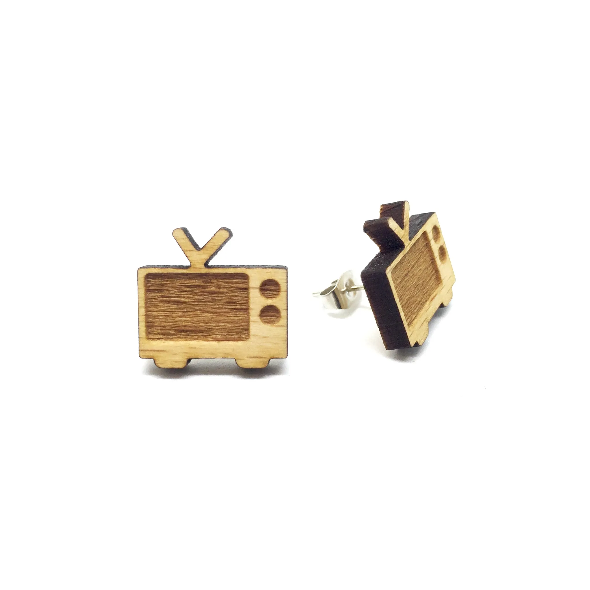 Retro Old 60s TV Laser Cut Wood Earrings - LM