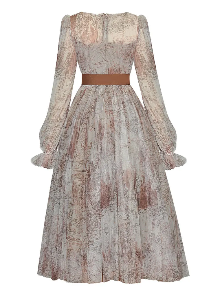 Retro Palace Puffed Sleeves Lace Tulle Print Vintage Swing Dress