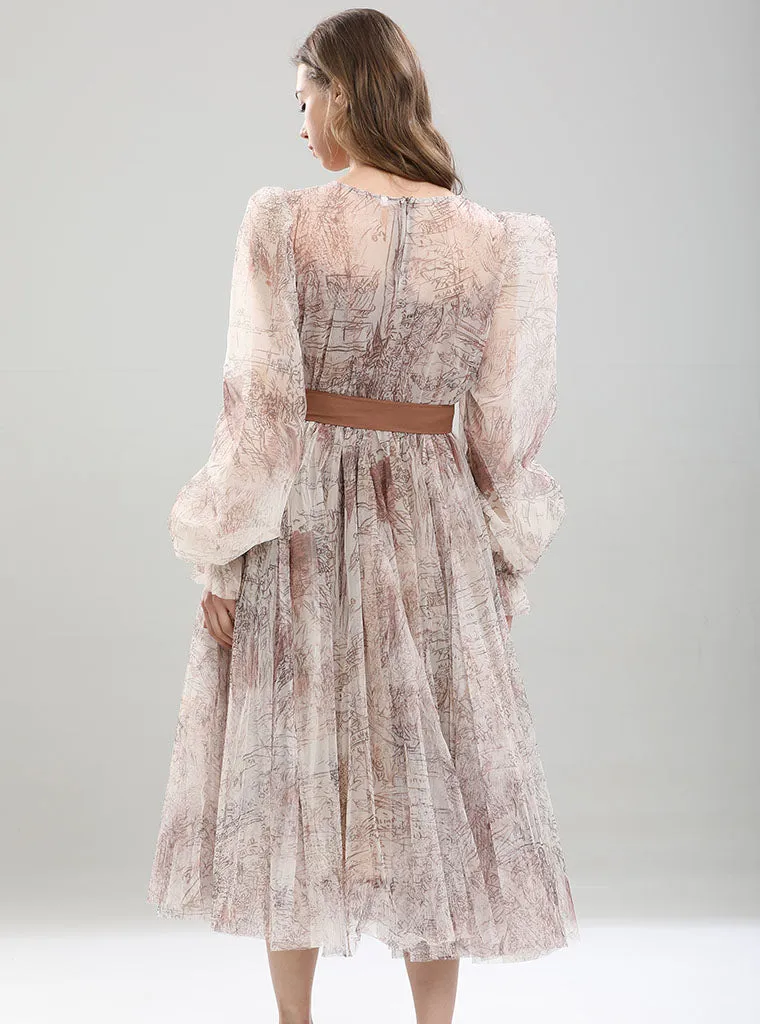 Retro Palace Puffed Sleeves Lace Tulle Print Vintage Swing Dress